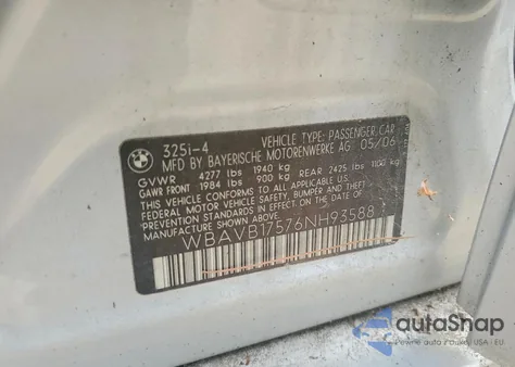 2006 BMW 325 I Automatic z USA, uszkodzony, nr VIN WBAVB17576NH93588